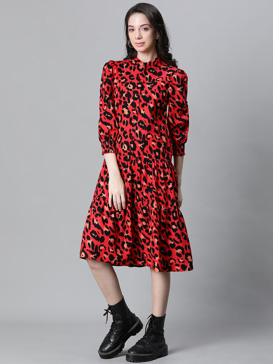 Women Red Animal Print Round Neck Long Sleeve Cotton Dress-W23228WDR001