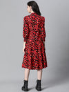 Women Red Animal Print Round Neck Long Sleeve Cotton Dress-W23228WDR001