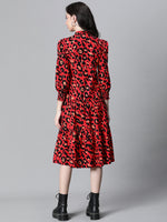 Women Red Animal Print Round Neck Long Sleeve Cotton Dress-W23228WDR001