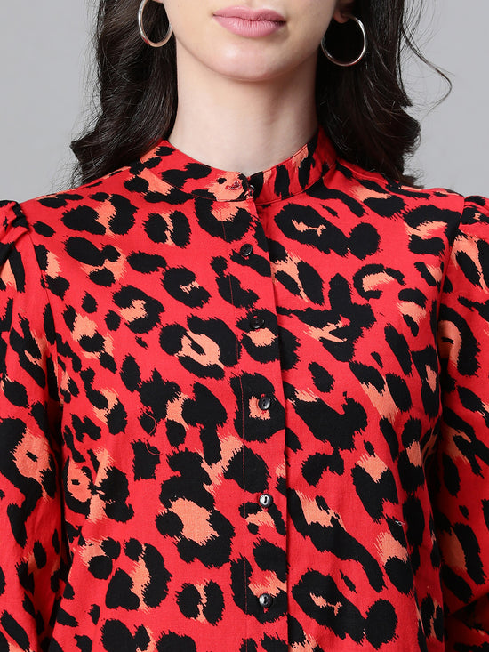 Women Red Animal Print Round Neck Long Sleeve Cotton Dress-W23228WDR001