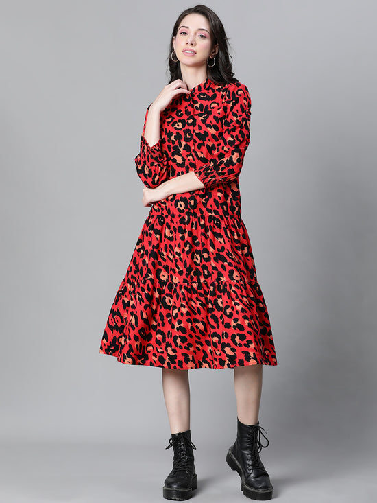 Women Red Animal Print Round Neck Long Sleeve Cotton Dress-W23228WDR001