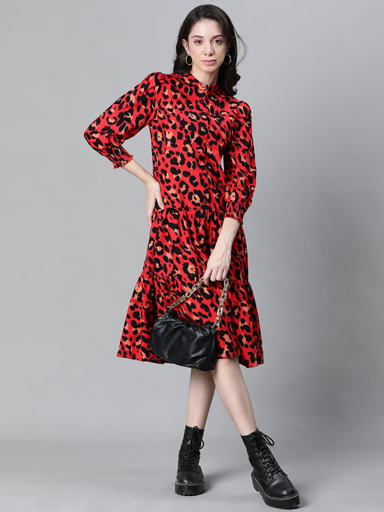 Women Red Animal Print Round Neck Long Sleeve Cotton Dress-W23228WDR001