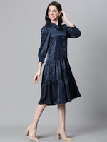 Women Soild Blue Round Neck Long Sleeve Casual Dress-W23228WDR005