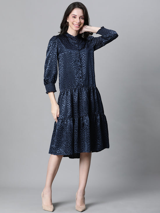 Women Soild Blue Round Neck Long Sleeve Casual Dress-W23228WDR005