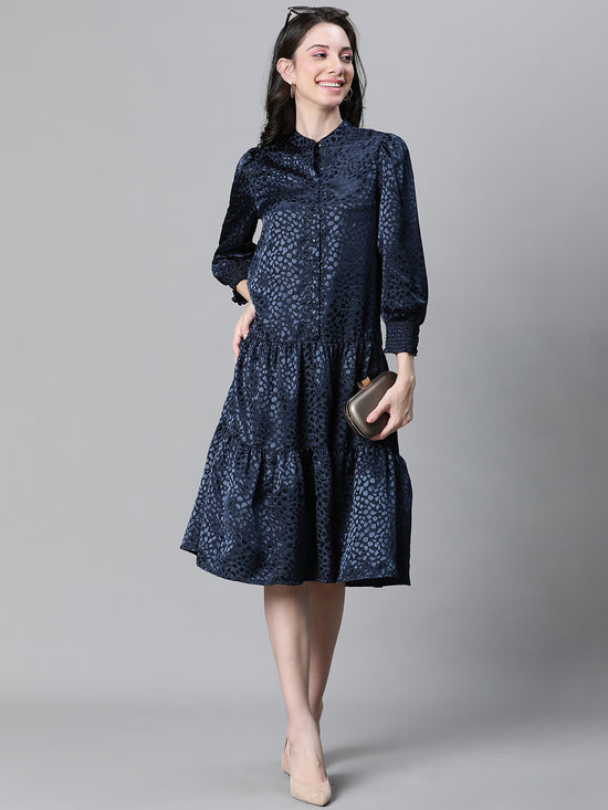 Women Soild Blue Round Neck Long Sleeve Casual Dress-W23228WDR005