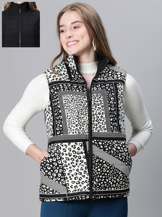 Women Black Animal Print Zip Lined Sleeveless Reversible Jacket-W23236WJK001