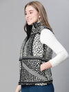 Women Black Animal Print Zip Lined Sleeveless Reversible Jacket-W23236WJK001