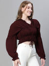 Women Soild Maroon Elasticated Tie-Up Long Sleeve Crop Top-W23240WBL003