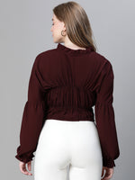 Women Soild Maroon Elasticated Tie-Up Long Sleeve Crop Top-W23240WBL003