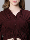 Women Soild Maroon Elasticated Tie-Up Long Sleeve Crop Top-W23240WBL003