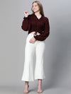 Women Soild Maroon Elasticated Tie-Up Long Sleeve Crop Top-W23240WBL003