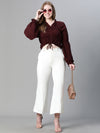 Women Soild Maroon Elasticated Tie-Up Long Sleeve Crop Top-W23240WBL003