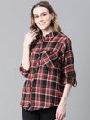 Women Multicolor Check Print Collared Long Sleeve Cotton Shirt-W23244WSH005