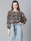 Women Brown Animal Print Round Neck Long Sleeve Elasticated Tie-Up Crop Top-W23246WBL001