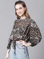 Women Brown Animal Print Round Neck Long Sleeve Elasticated Tie-Up Crop Top-W23246WBL001