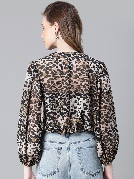 Women Brown Animal Print Round Neck Long Sleeve Elasticated Tie-Up Crop Top-W23246WBL001