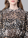 Women Brown Animal Print Round Neck Long Sleeve Elasticated Tie-Up Crop Top-W23246WBL001