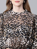 Women Brown Animal Print Round Neck Long Sleeve Elasticated Tie-Up Crop Top-W23246WBL001