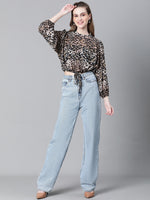 Women Brown Animal Print Round Neck Long Sleeve Elasticated Tie-Up Crop Top-W23246WBL001