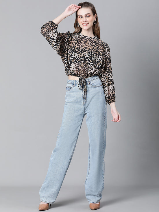 Women Brown Animal Print Round Neck Long Sleeve Elasticated Tie-Up Crop Top-W23246WBL001