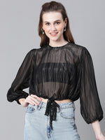 Womenn Black Round Neck Tie-Up Detailed Crop Top-W23246WBL003