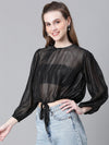 Womenn Black Round Neck Tie-Up Detailed Crop Top-W23246WBL003