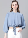 Women Blue Round Neck Long Sleeve Elasticated Tie-Up Crop Top-W23246WBL004