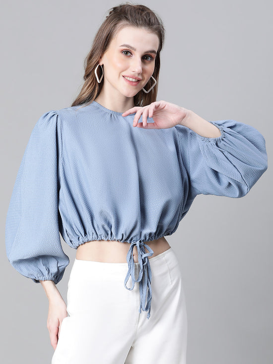 Women Blue Round Neck Long Sleeve Elasticated Tie-Up Crop Top-W23246WBL004