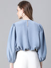 Women Blue Round Neck Long Sleeve Elasticated Tie-Up Crop Top-W23246WBL004