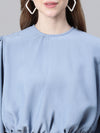 Women Blue Round Neck Long Sleeve Elasticated Tie-Up Crop Top-W23246WBL004