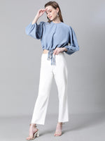 Women Blue Round Neck Long Sleeve Elasticated Tie-Up Crop Top-W23246WBL004