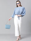 Women Blue Round Neck Long Sleeve Elasticated Tie-Up Crop Top-W23246WBL004