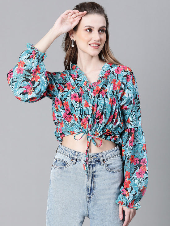 Women Multicolor Floral Print Round Neck Long Sleeve Elasticated Tie-Up Crop Top-W23247WBL003