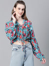 Women Multicolor Floral Print Round Neck Long Sleeve Elasticated Tie-Up Crop Top-W23247WBL003