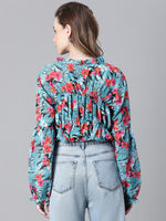 Women Multicolor Floral Print Round Neck Long Sleeve Elasticated Tie-Up Crop Top-W23247WBL003