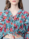 Women Multicolor Floral Print Round Neck Long Sleeve Elasticated Tie-Up Crop Top-W23247WBL003