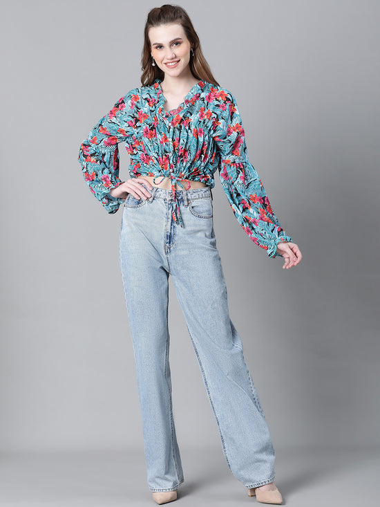 Women Multicolor Floral Print Round Neck Long Sleeve Elasticated Tie-Up Crop Top-W23247WBL003