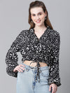 Women Black Animal Print Round Neck Long Sleeve Elasticated Tie-Up Crop Top-W23247WBL006