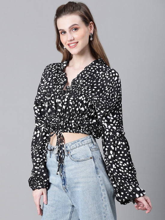 Women Black Animal Print Round Neck Long Sleeve Elasticated Tie-Up Crop Top-W23247WBL006