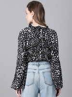 Women Black Animal Print Round Neck Long Sleeve Elasticated Tie-Up Crop Top-W23247WBL006