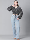 Women Black Animal Print Round Neck Long Sleeve Elasticated Tie-Up Crop Top-W23247WBL006