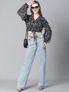 Women Black Animal Print Round Neck Long Sleeve Elasticated Tie-Up Crop Top-W23247WBL006