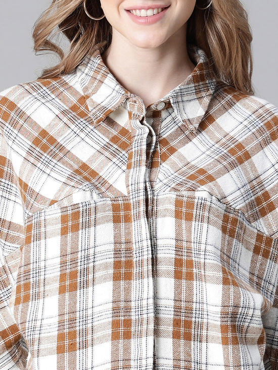 Women Multicolor Check Print Collared Buttoned Long Sleeve Cotton Shirt-W23252WSH004