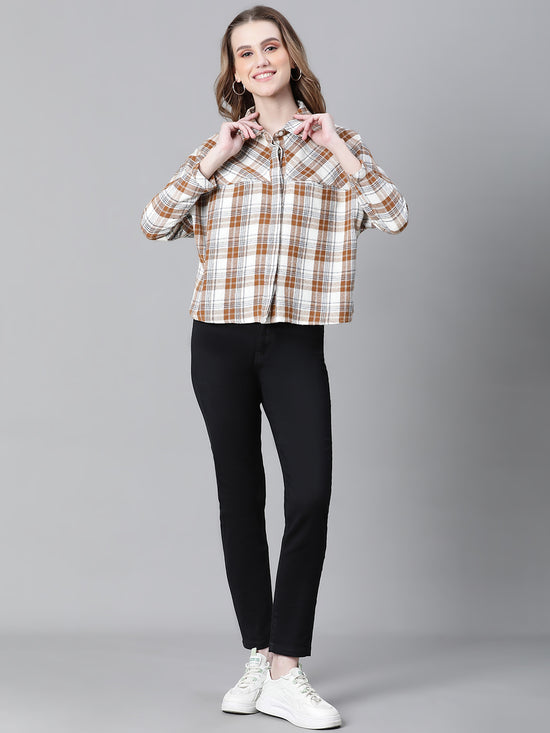 Women Multicolor Check Print Collared Buttoned Long Sleeve Cotton Shirt-W23252WSH004