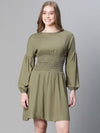 Women Soild Khaki Round Neck Smocked Long Sleeve Flared Dress-W23254WDR003