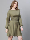 Women Soild Khaki Round Neck Smocked Long Sleeve Flared Dress-W23254WDR003