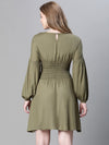 Women Soild Khaki Round Neck Smocked Long Sleeve Flared Dress-W23254WDR003