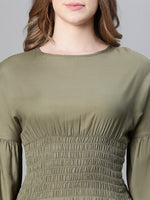 Women Soild Khaki Round Neck Smocked Long Sleeve Flared Dress-W23254WDR003