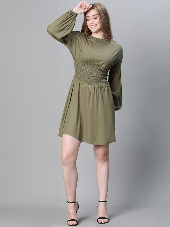 Women Soild Khaki Round Neck Smocked Long Sleeve Flared Dress-W23254WDR003