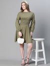 Women Soild Khaki Round Neck Smocked Long Sleeve Flared Dress-W23254WDR003